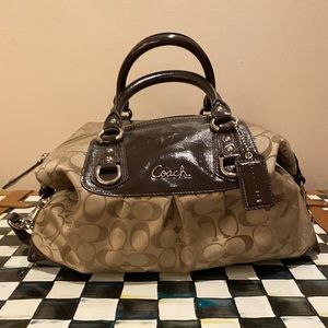 Patent leather and fabric satchel bag